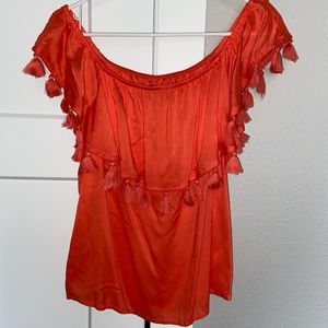 A.N.A off the shoulder tassel coral blouse